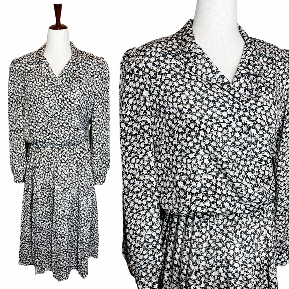 Vintage 80s Floral Faux Wrap Secretary Dress